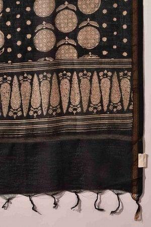 Black And Ecru Printed Cotton Silk Drape