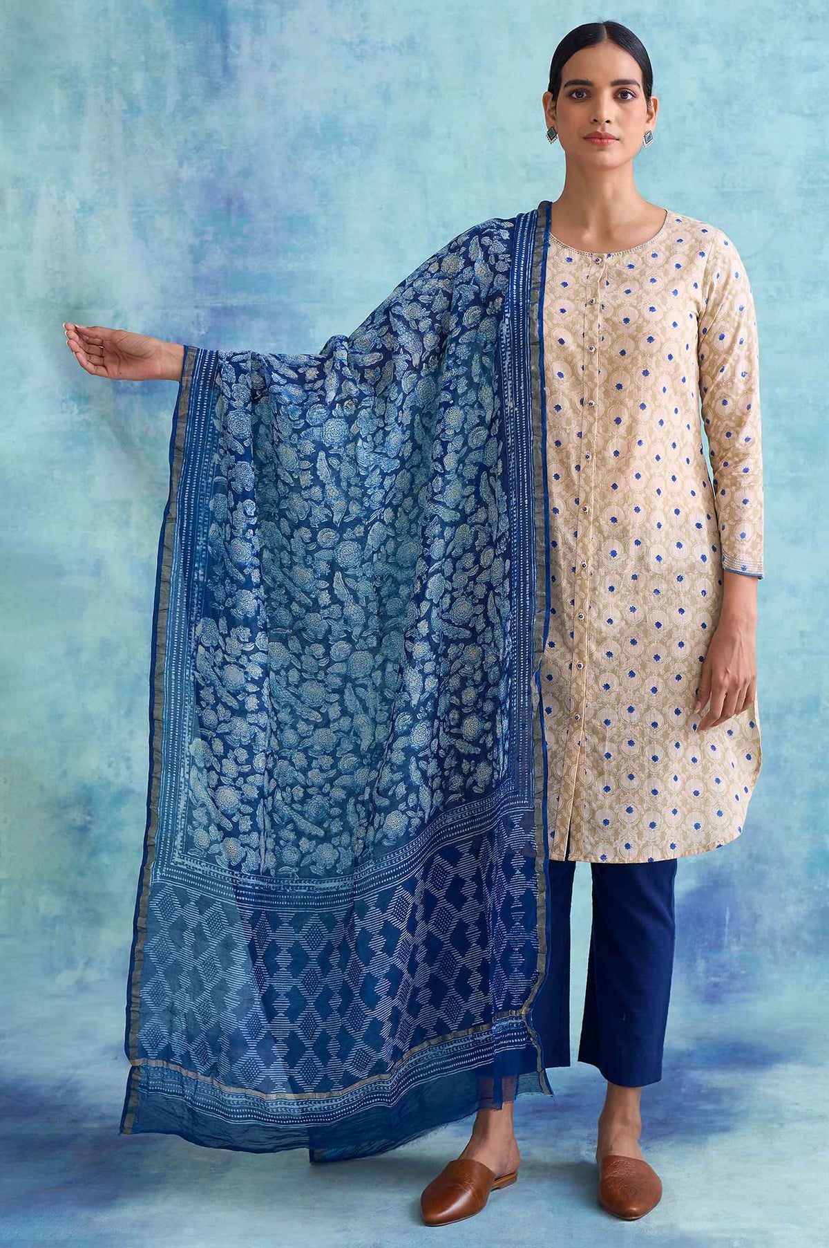 Indigo Printed Cotton Silk Drape - Fs