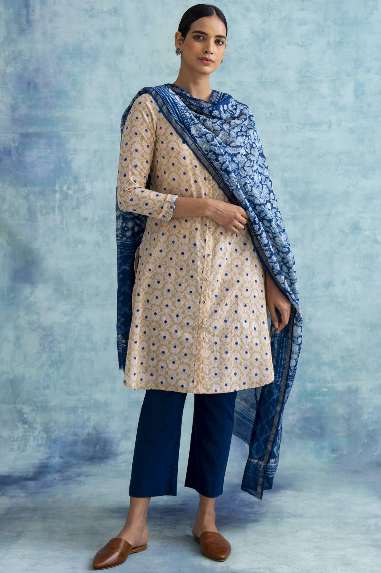 Indigo Printed Cotton Silk Drape - wforwoman