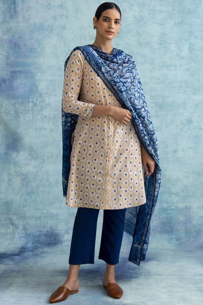 Indigo Printed Cotton Silk Drape