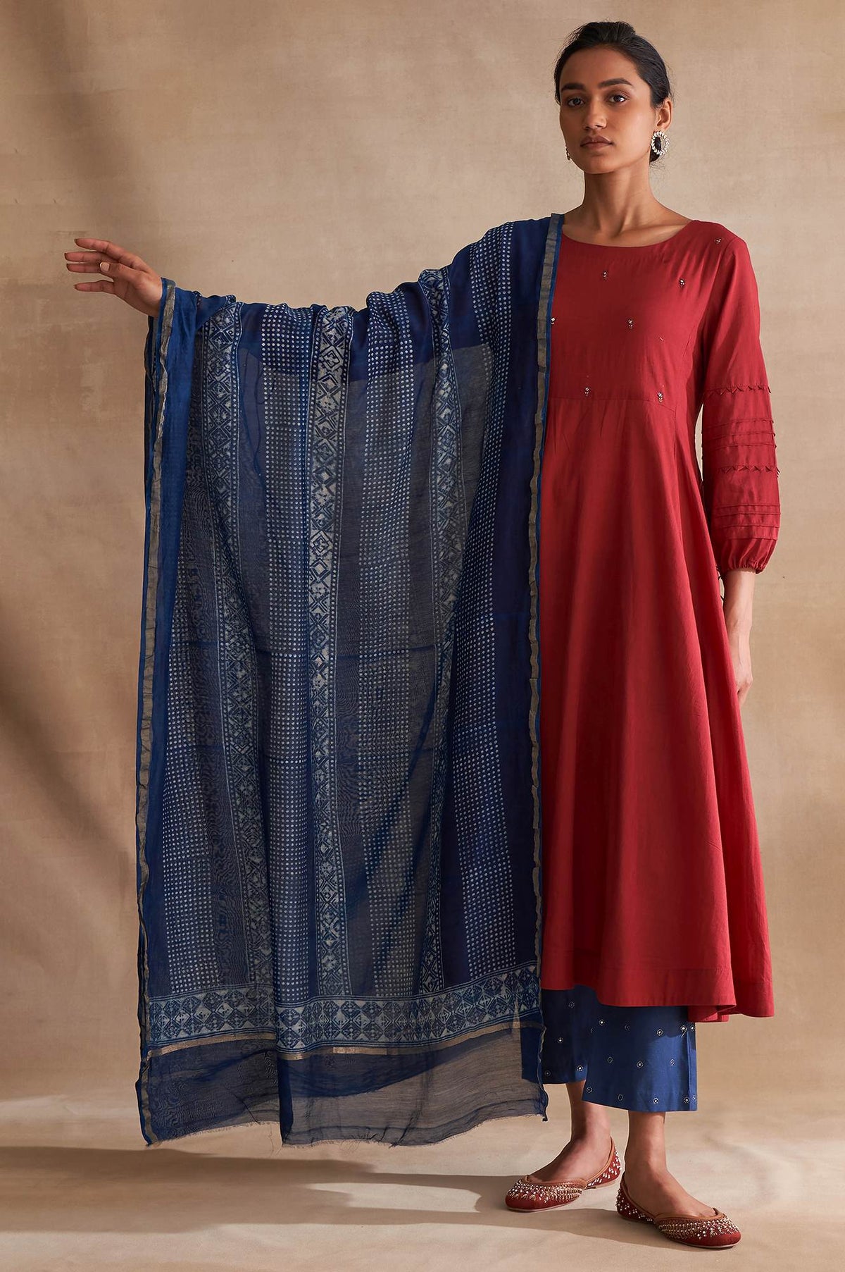Indigo Dabu Printed Cotton Silk Drape - Fs