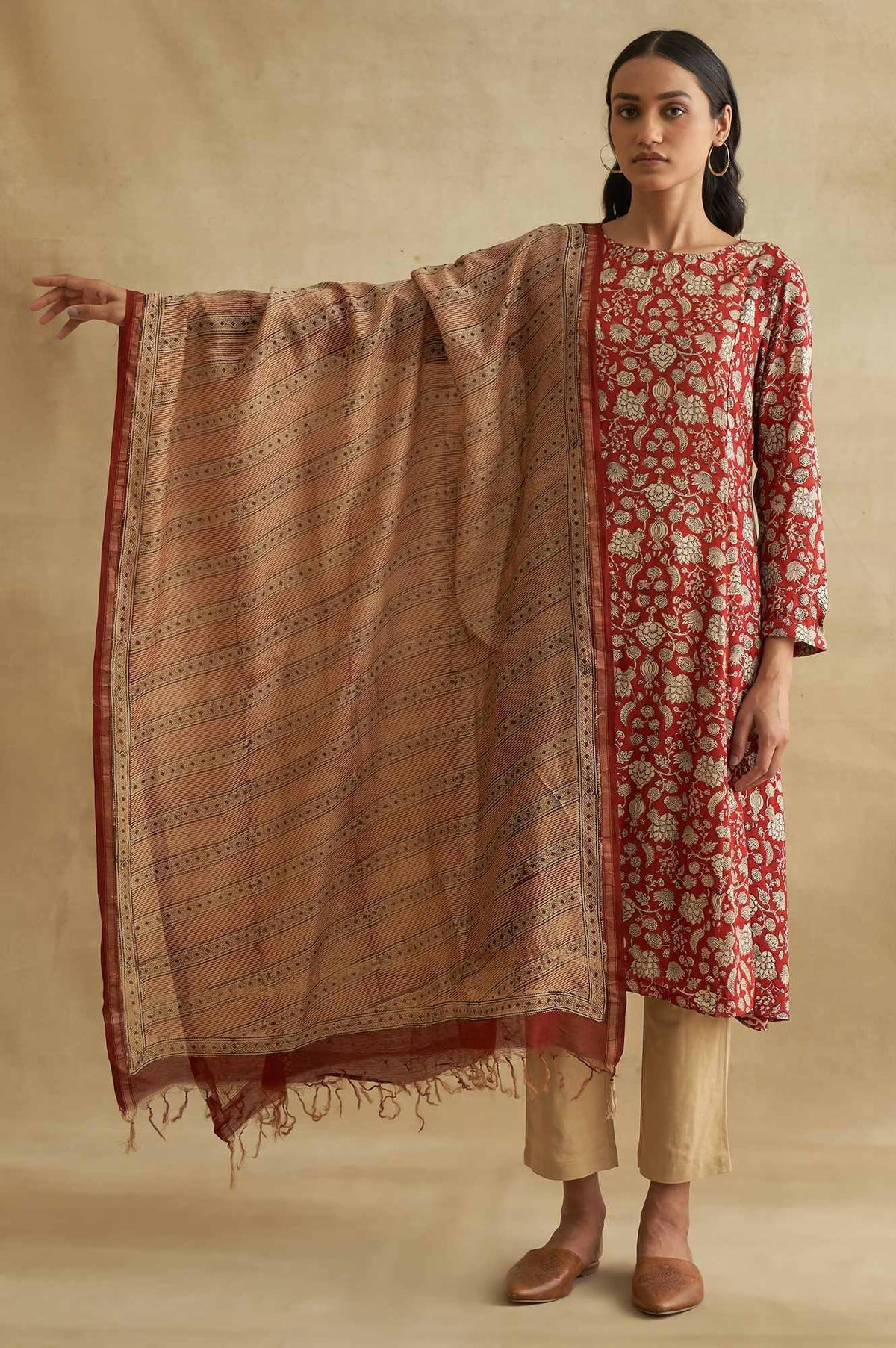 Beige Printed Cotton Silk Drape - FS