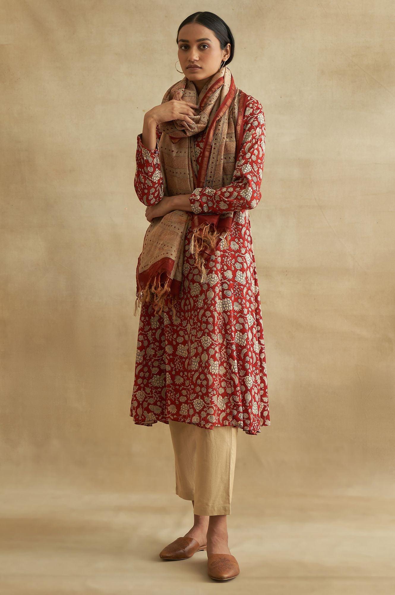 Beige Printed Cotton Silk Drape - wforwoman