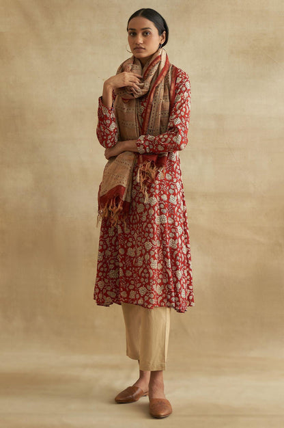 Beige Printed Cotton Silk Drape - wforwoman