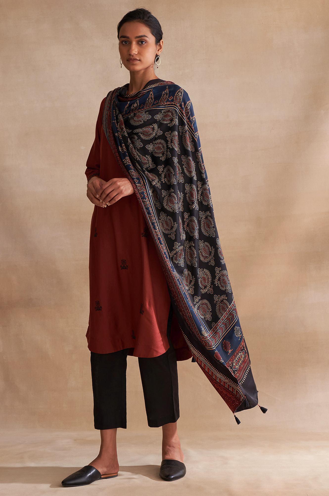 Folksong By W Multicoloured Ajrakh Print Drape - wforwoman