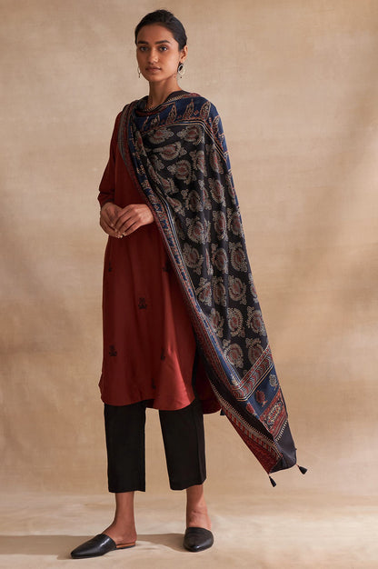 Black Floral Ajrakh Printed Tasselled Modal Satin Dupatta