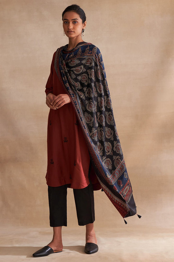 Black Floral Ajrakh Printed Tasselled Modal Satin Dupatta