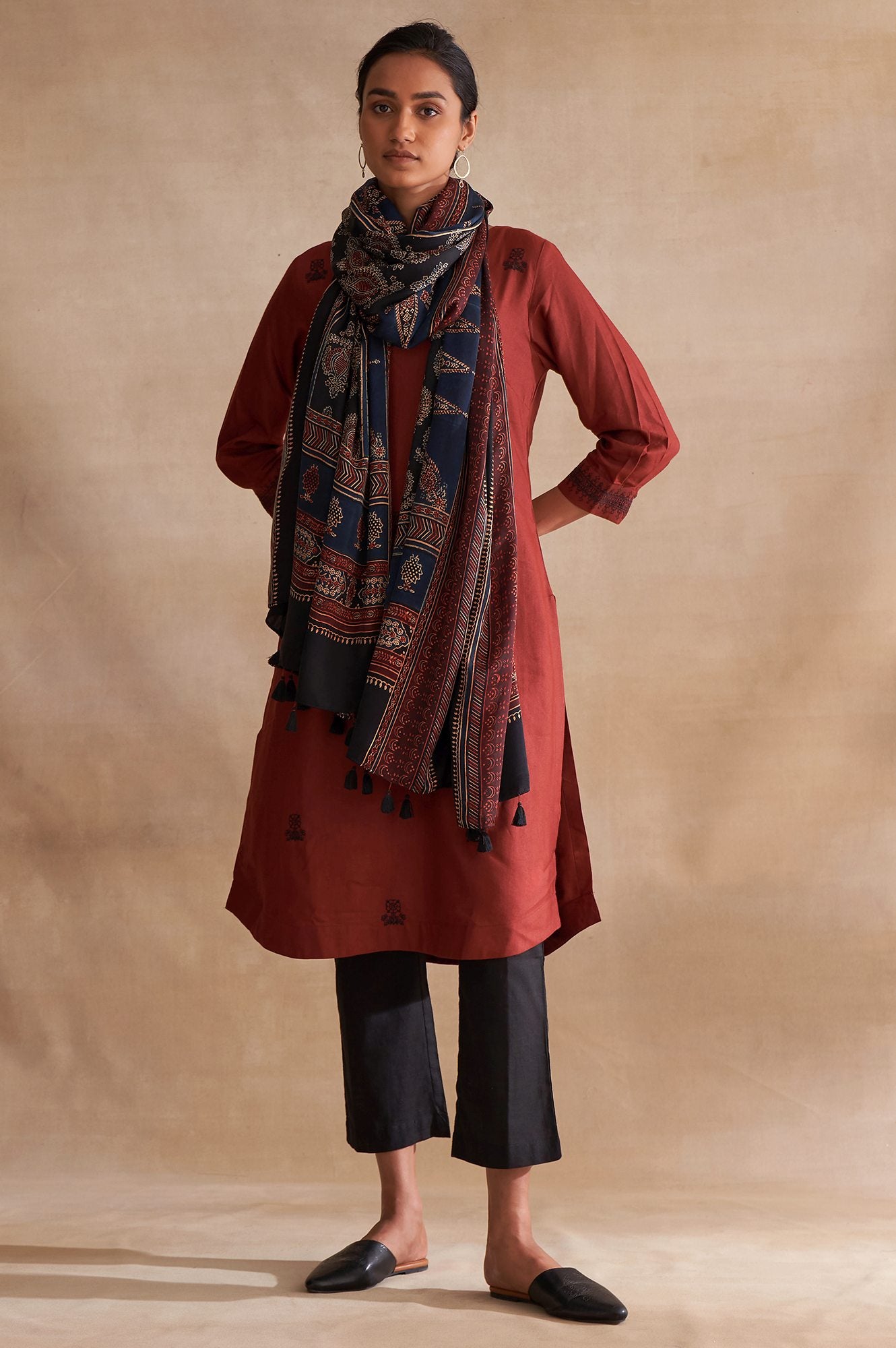 Black Floral Ajrakh Printed Tasselled Modal Satin Dupatta