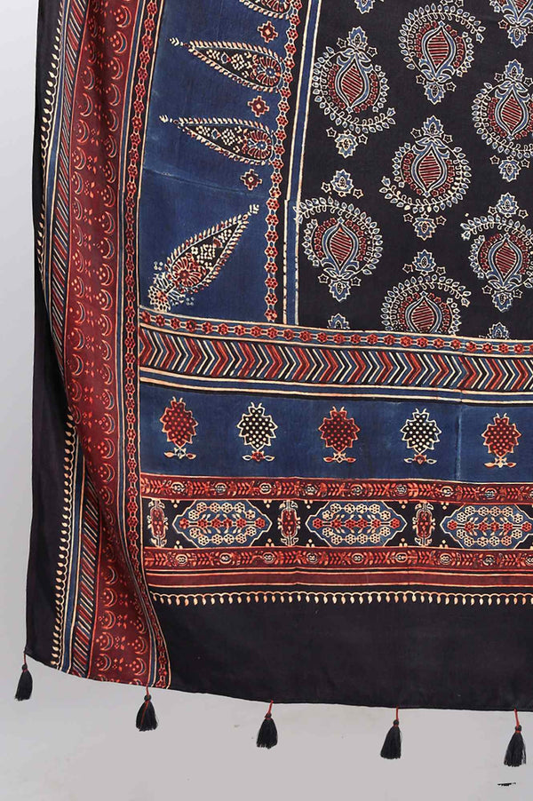 Black Floral Ajrakh Printed Tasselled Modal Satin Dupatta