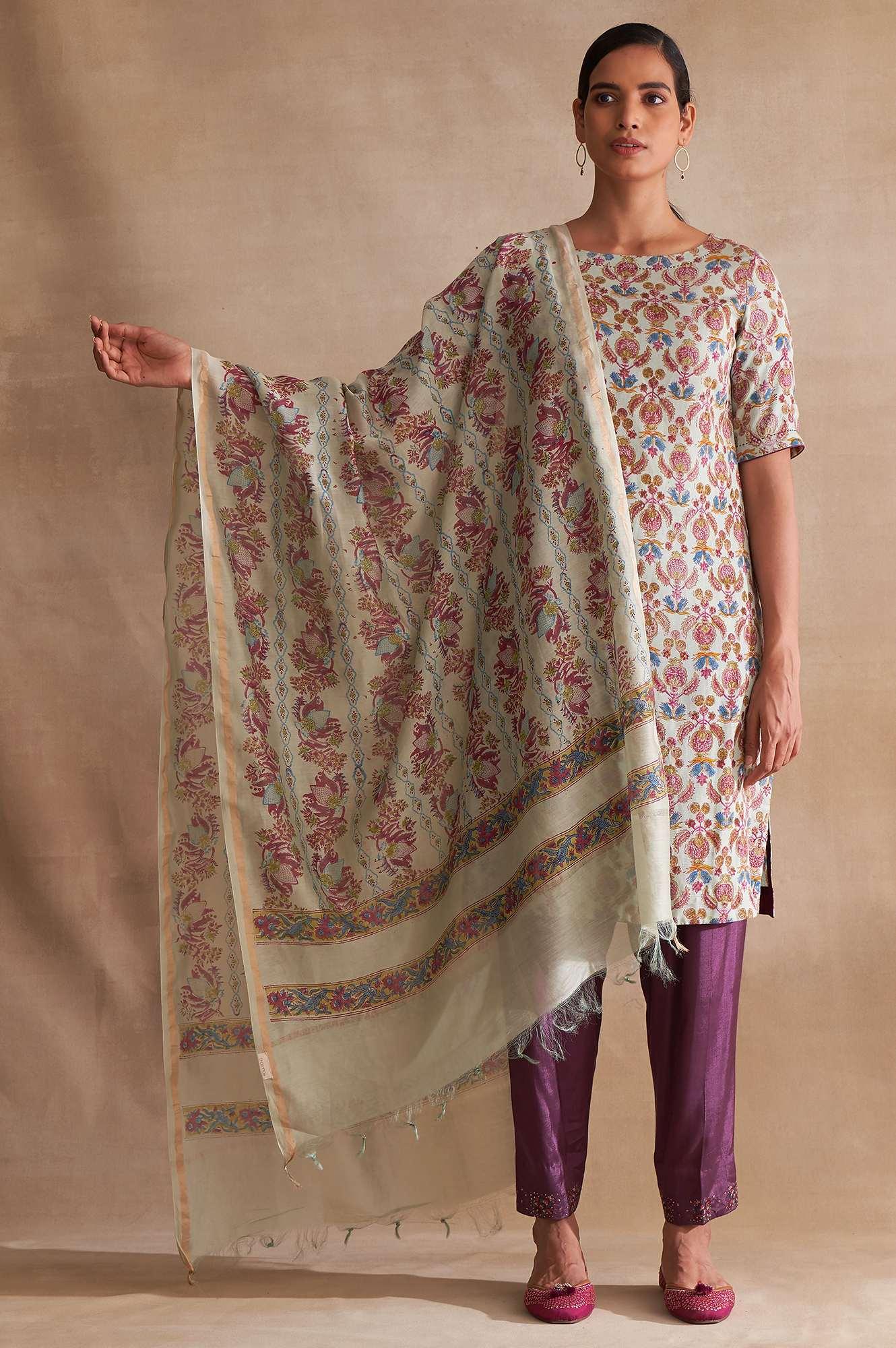 Folksong By W Light Blue Printed Cotton Silk Drape - wforwoman