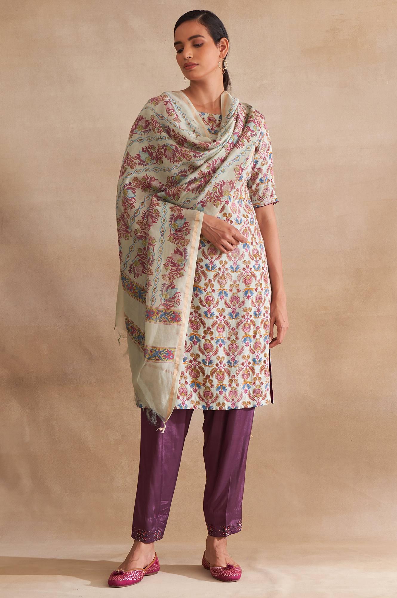 Folksong By W Light Blue Printed Cotton Silk Drape - wforwoman