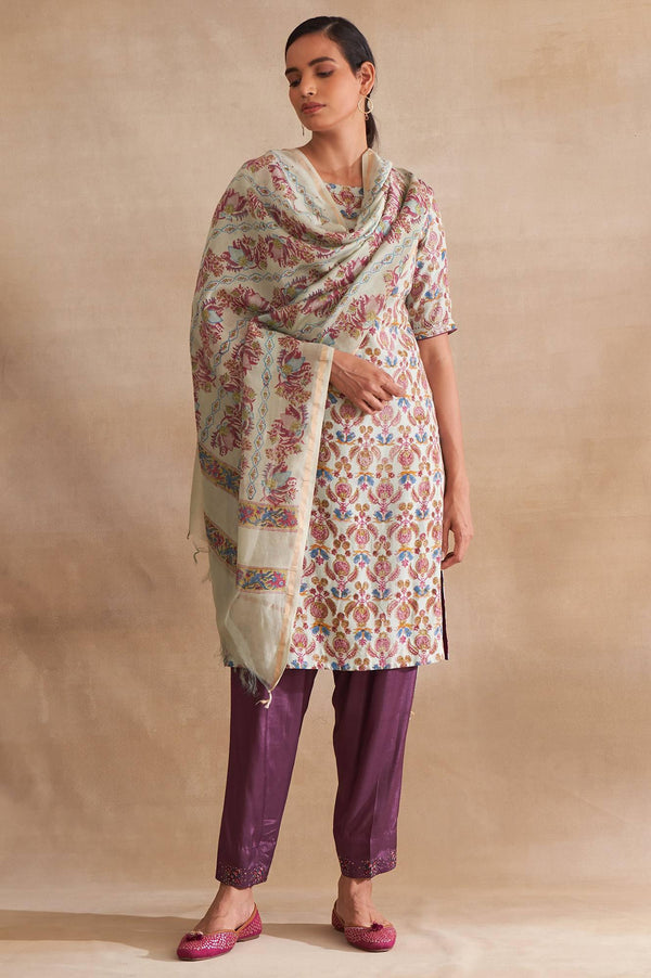 Folksong By W Light Blue Printed Cotton Silk Drape
