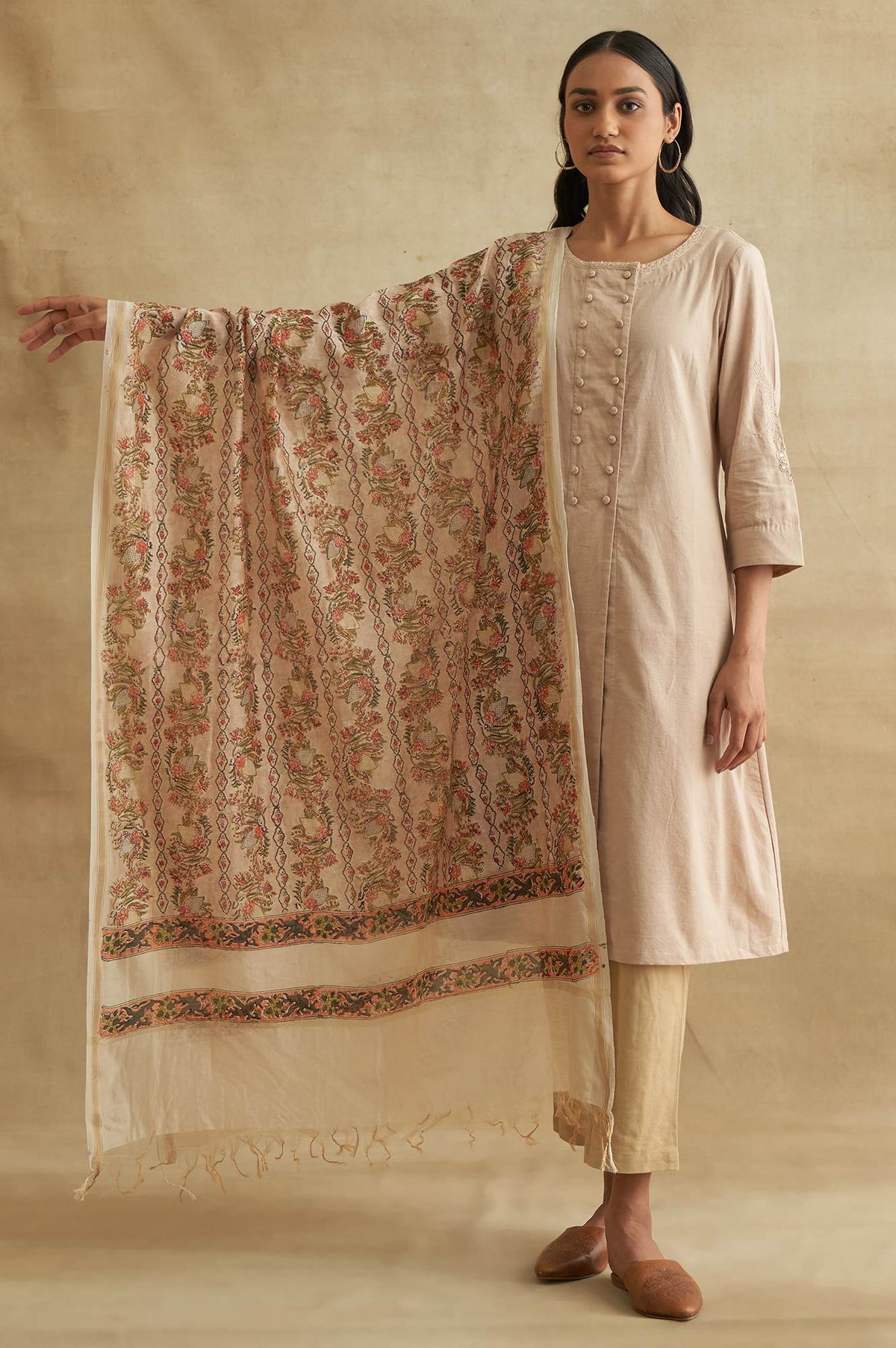 Pink Floral Tasseled Cotton Dupatta - FS
