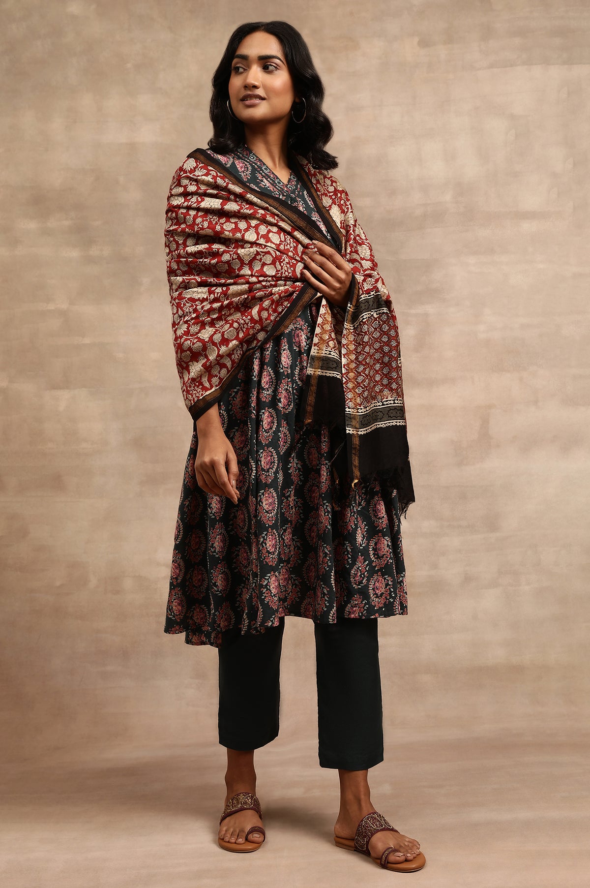 Dark Red Printed Cotton Silk Drape - Fs