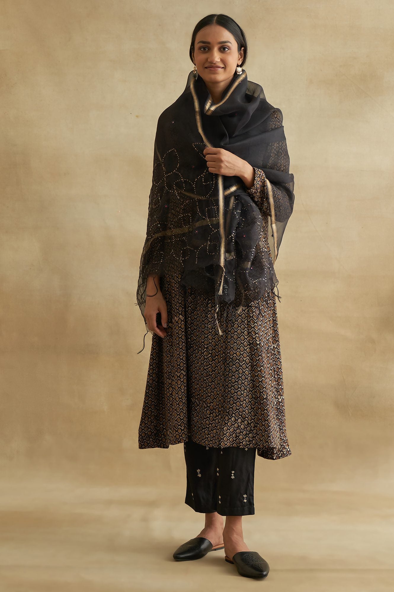 Black Solid Embroidered Rectangular Silk Dupatta
