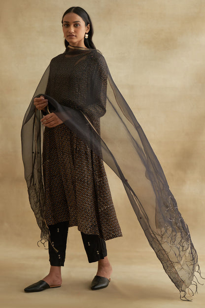 Black Solid Embroidered Rectangular Silk Dupatta
