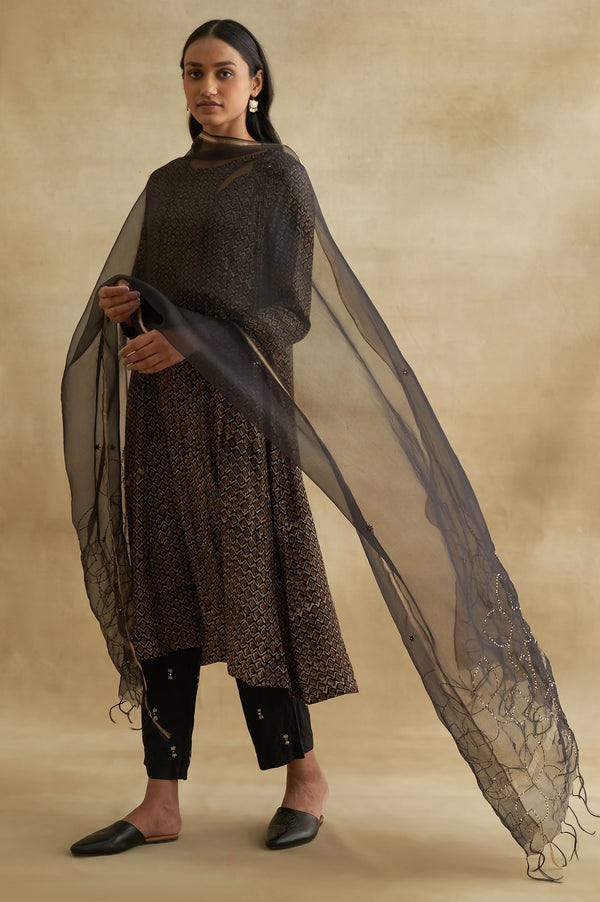 Black Solid Embroidered Rectangular Silk Dupatta