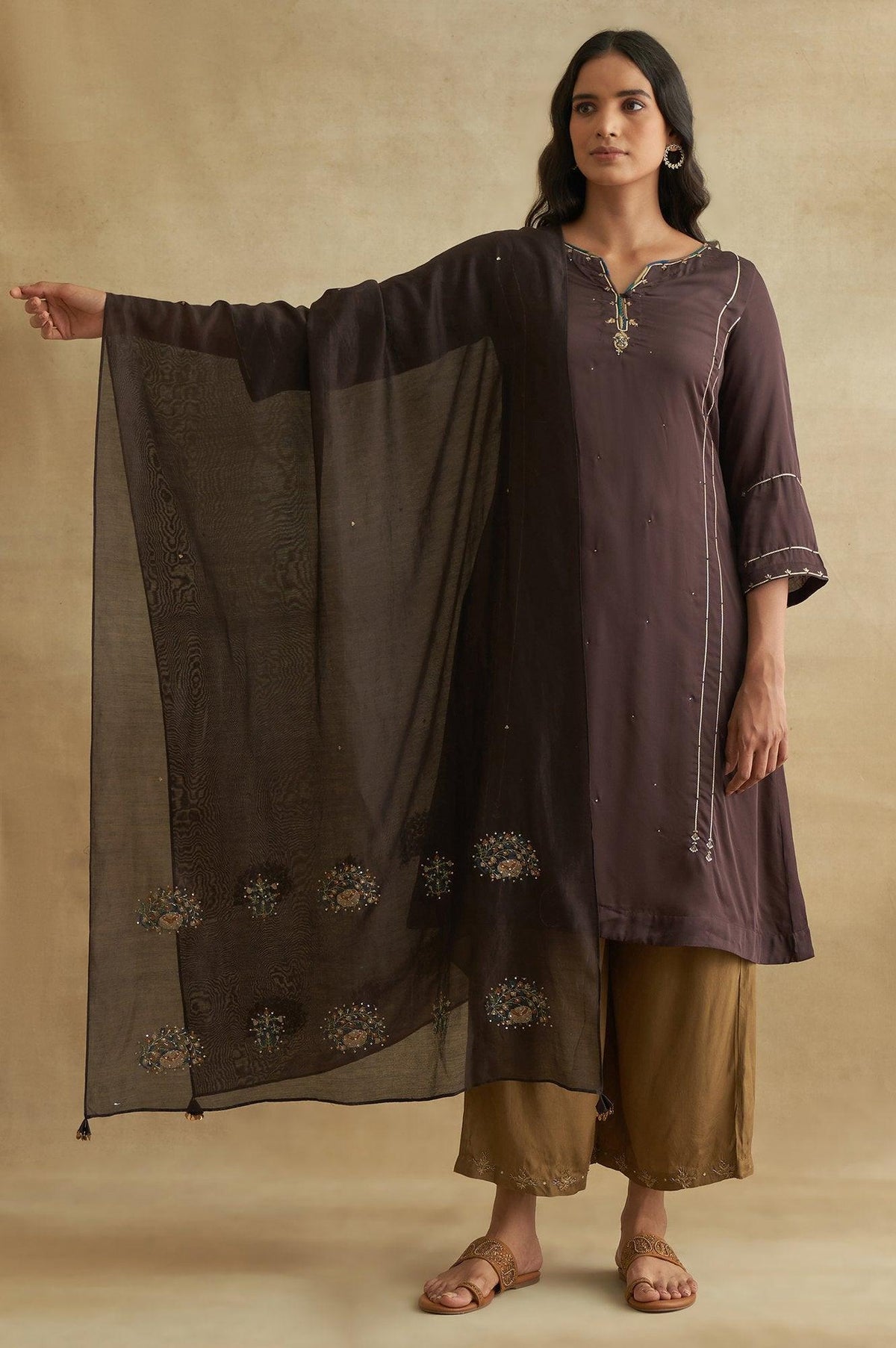 Dark Brown Cotton Silk Embroidered Drape - FS