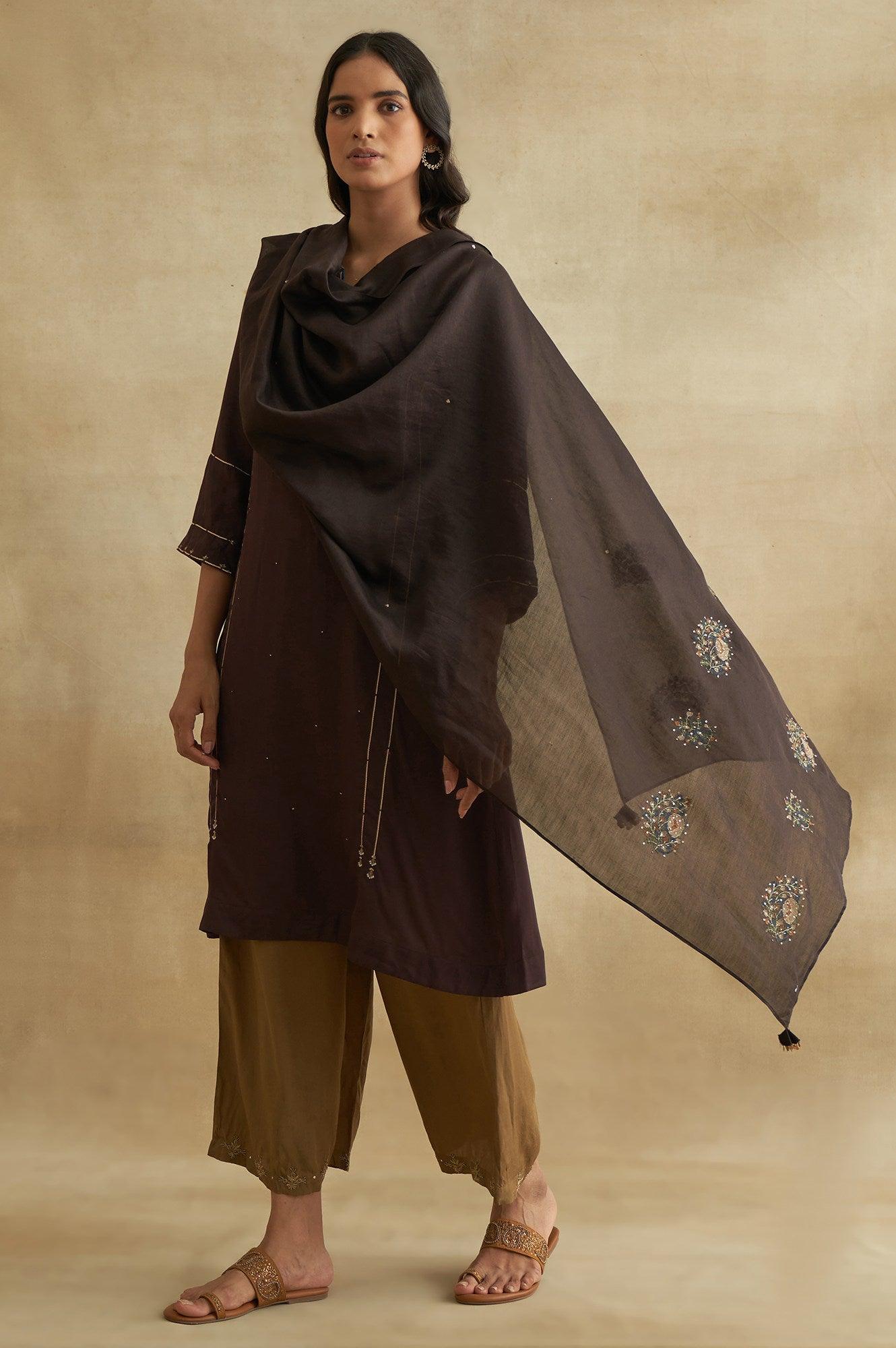 Dark Brown Cotton Silk Embroidered Drape - wforwoman