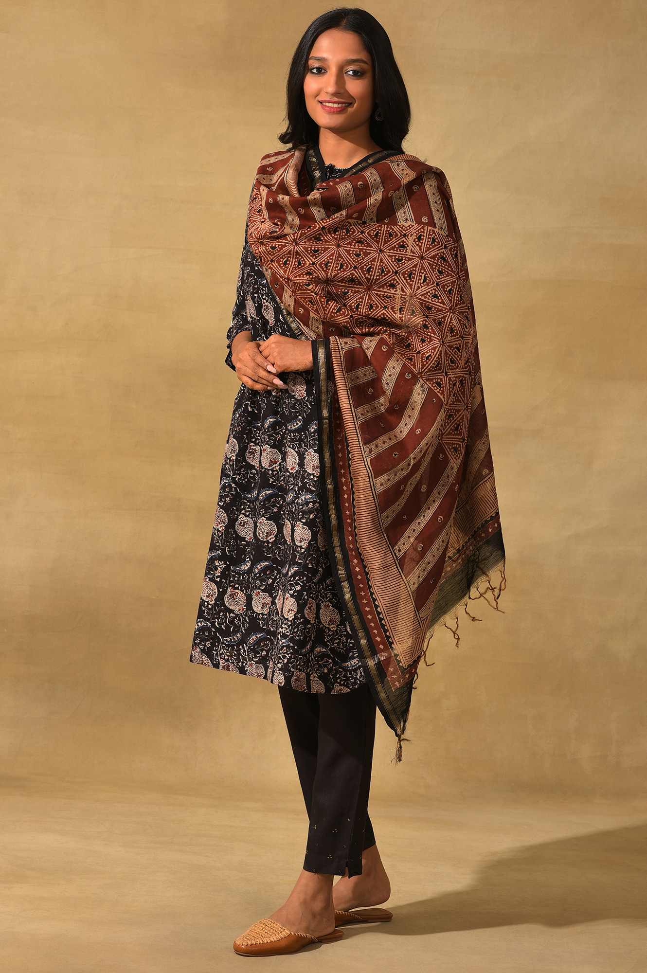 Dark Red Printed Cotton Silk Drape