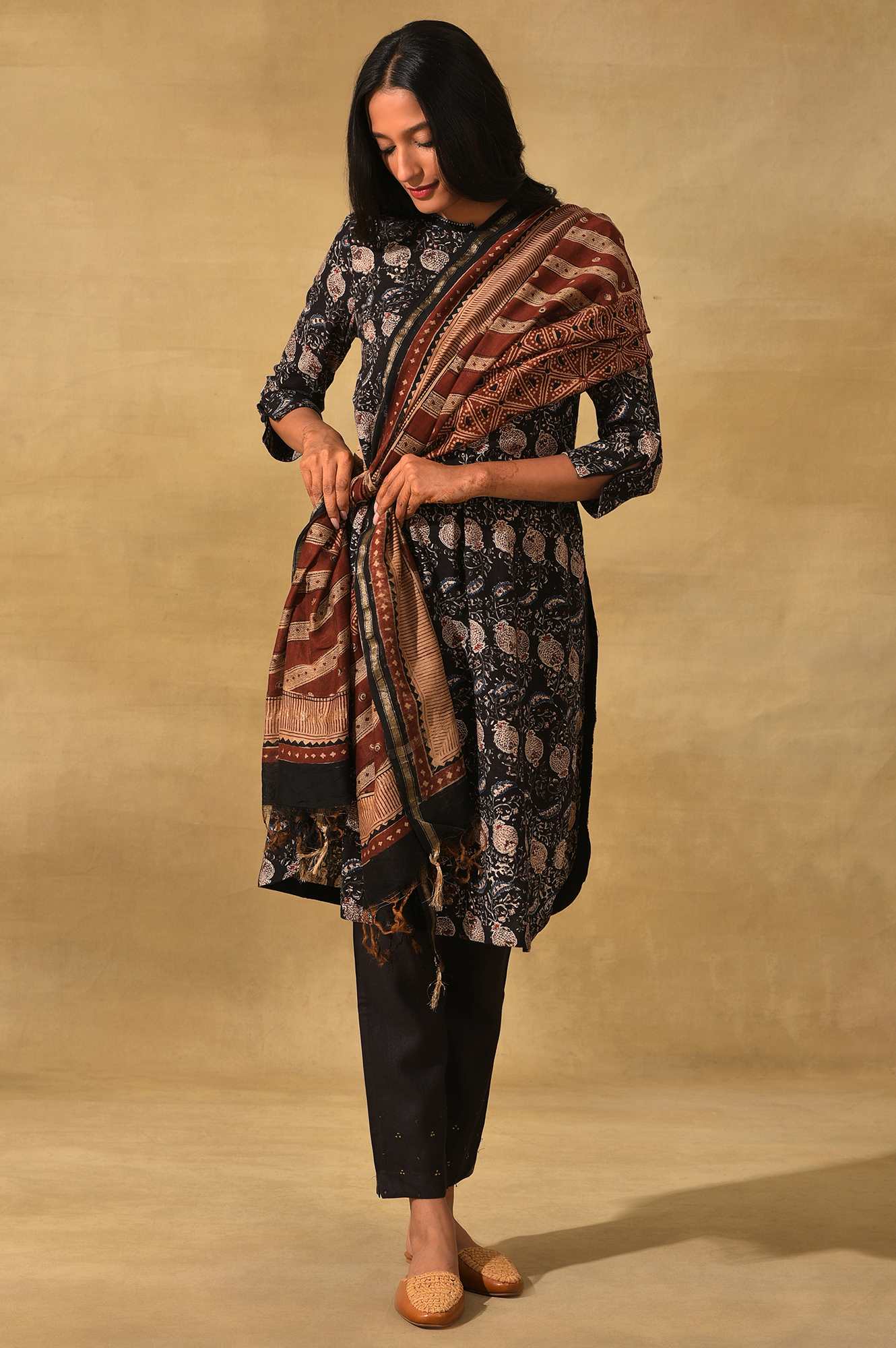 Dark Red Printed Cotton Silk Drape