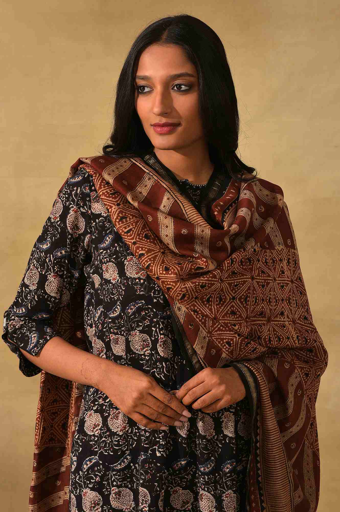 Dark Red Printed Cotton Silk Drape
