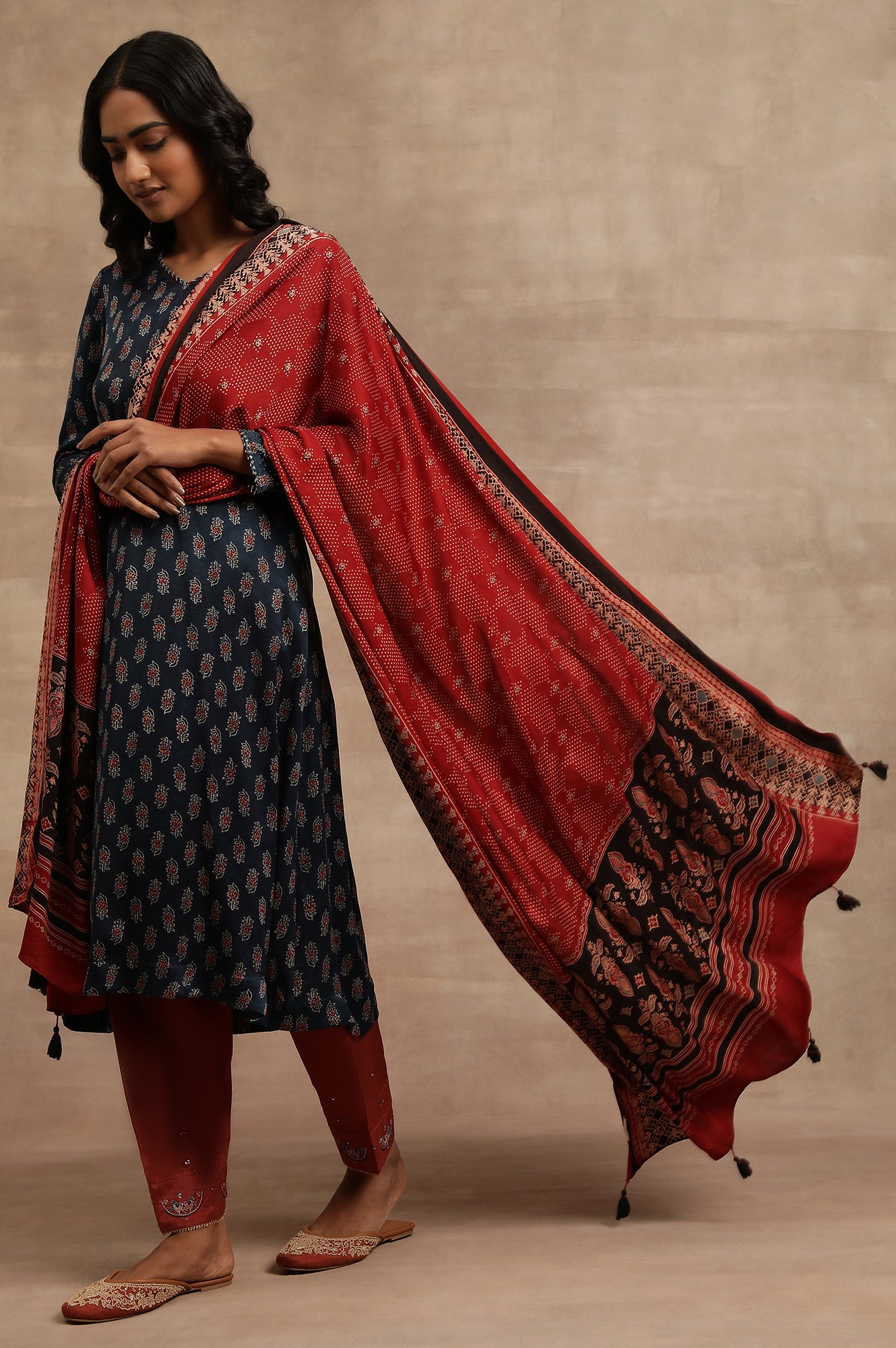 Red Ajrak Printed Satin Dupatta with Tassels