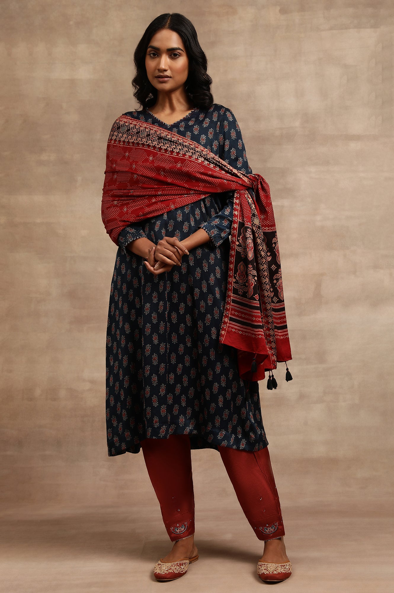Red Ajrak Printed Satin Dupatta with Tassels