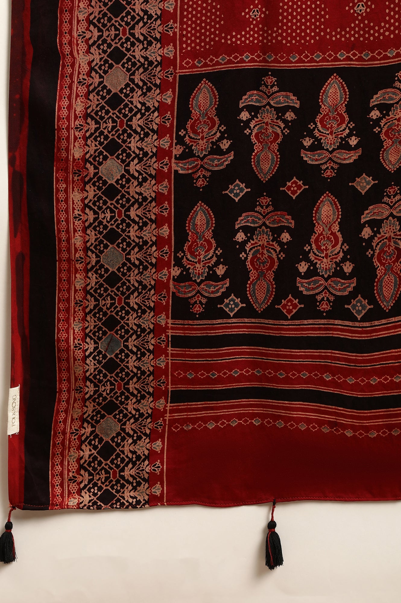 Red Ajrak Printed Satin Dupatta with Tassels