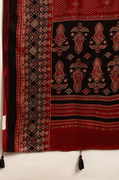 Red Ajrak Printed Satin Dupatta with Tassels