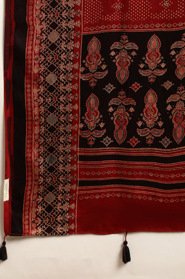 Red Ajrak Printed Satin Dupatta with Tassels