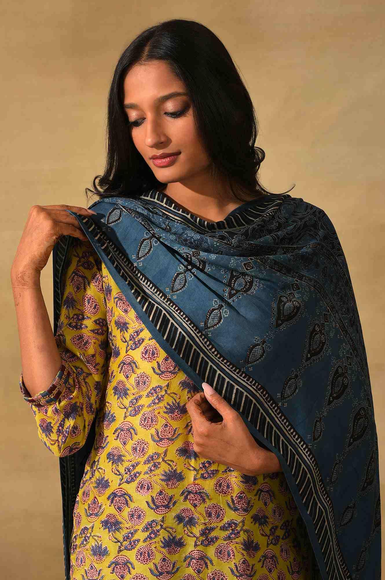 Indigo Ajrakh Printed Drape - wforwoman
