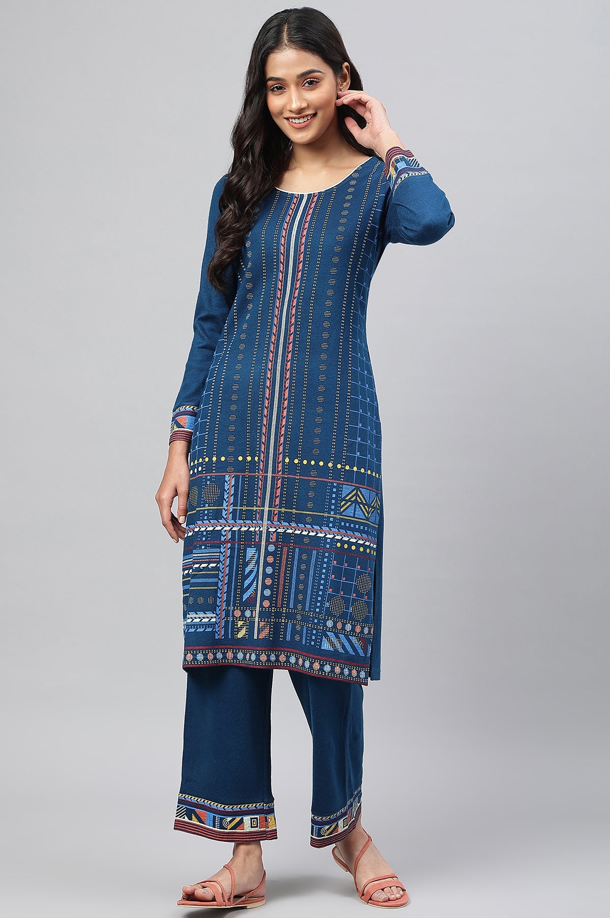 Indigo Ajrakh Print kurta In Lustrous Satin - XS
