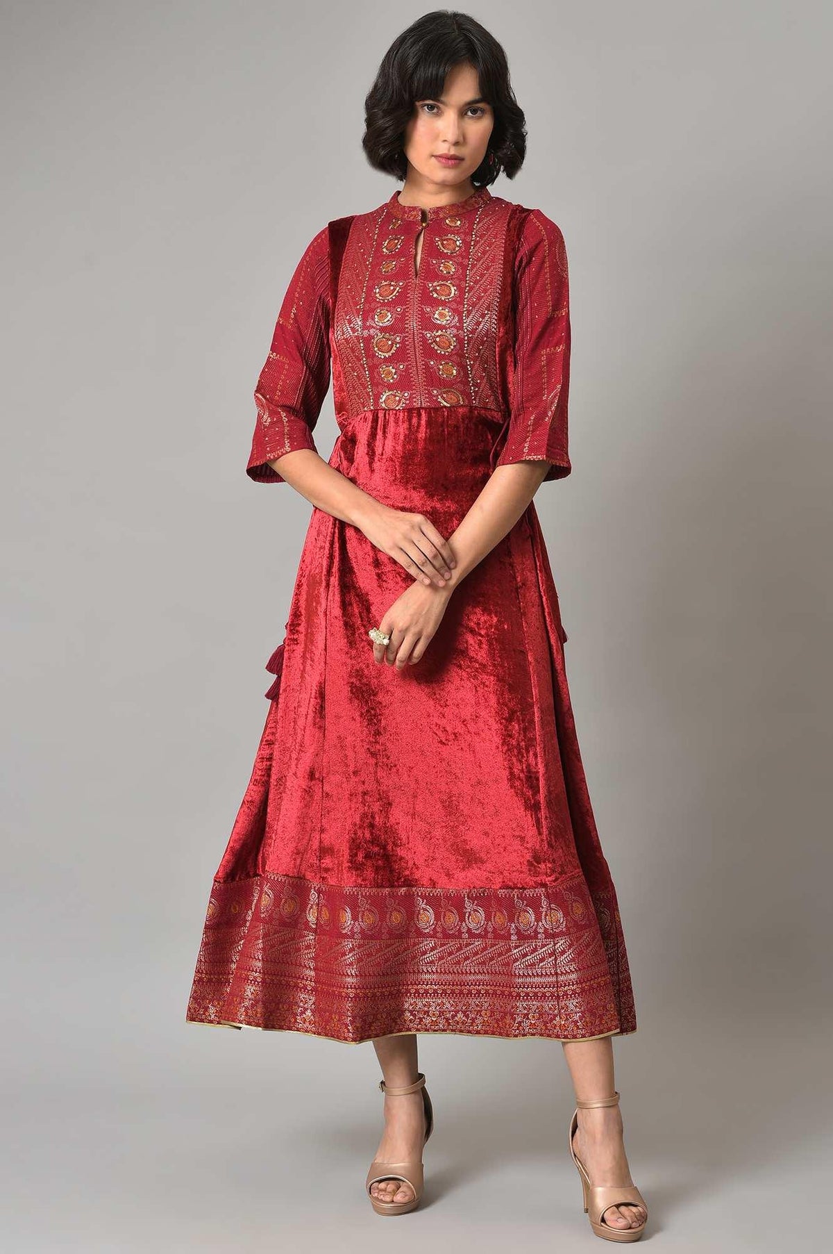 Dark Red Velvet Festive Dress With Sequin Work - 6