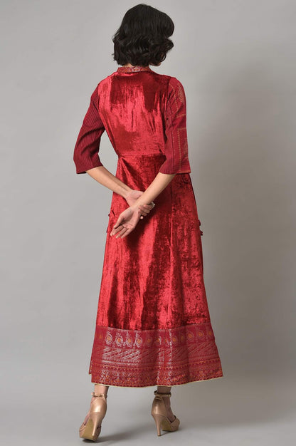 Dark Red Velvet Festive Dress With Sequin Work - wforwoman