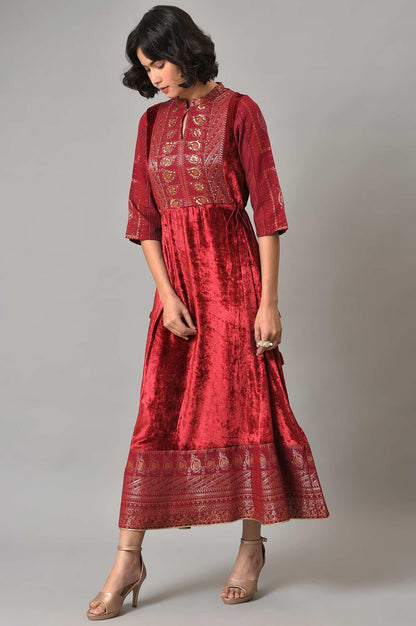 Dark Red Velvet Festive Dress With Sequin Work - wforwoman
