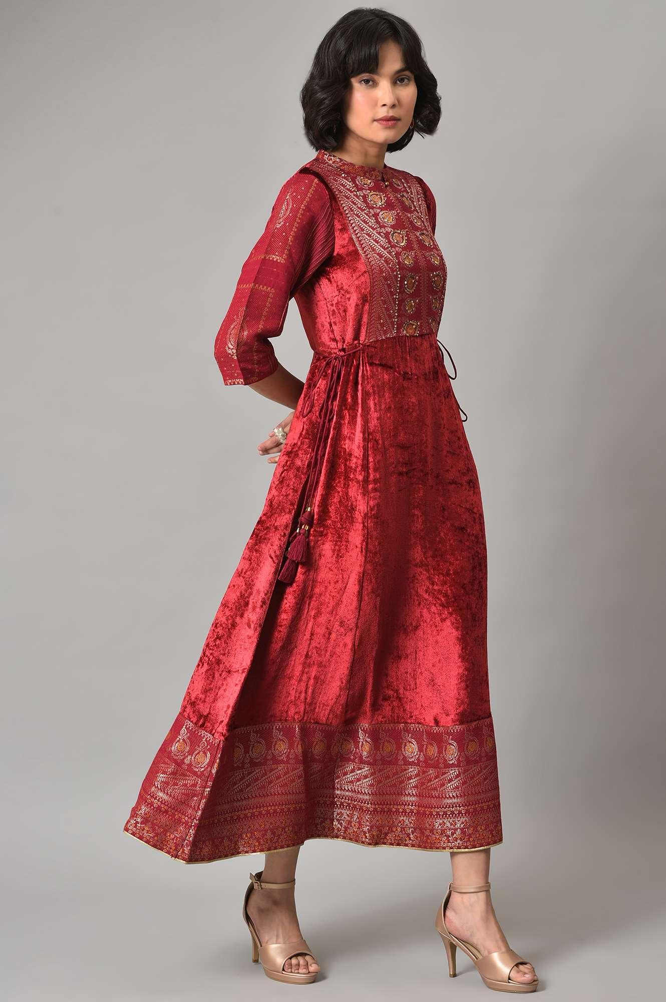 Dark Red Velvet Festive Dress With Sequin Work - wforwoman