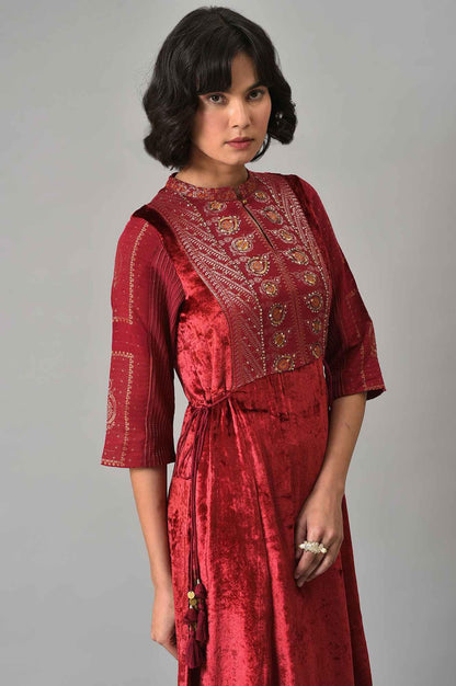Dark Red Velvet Festive Dress With Sequin Work - wforwoman