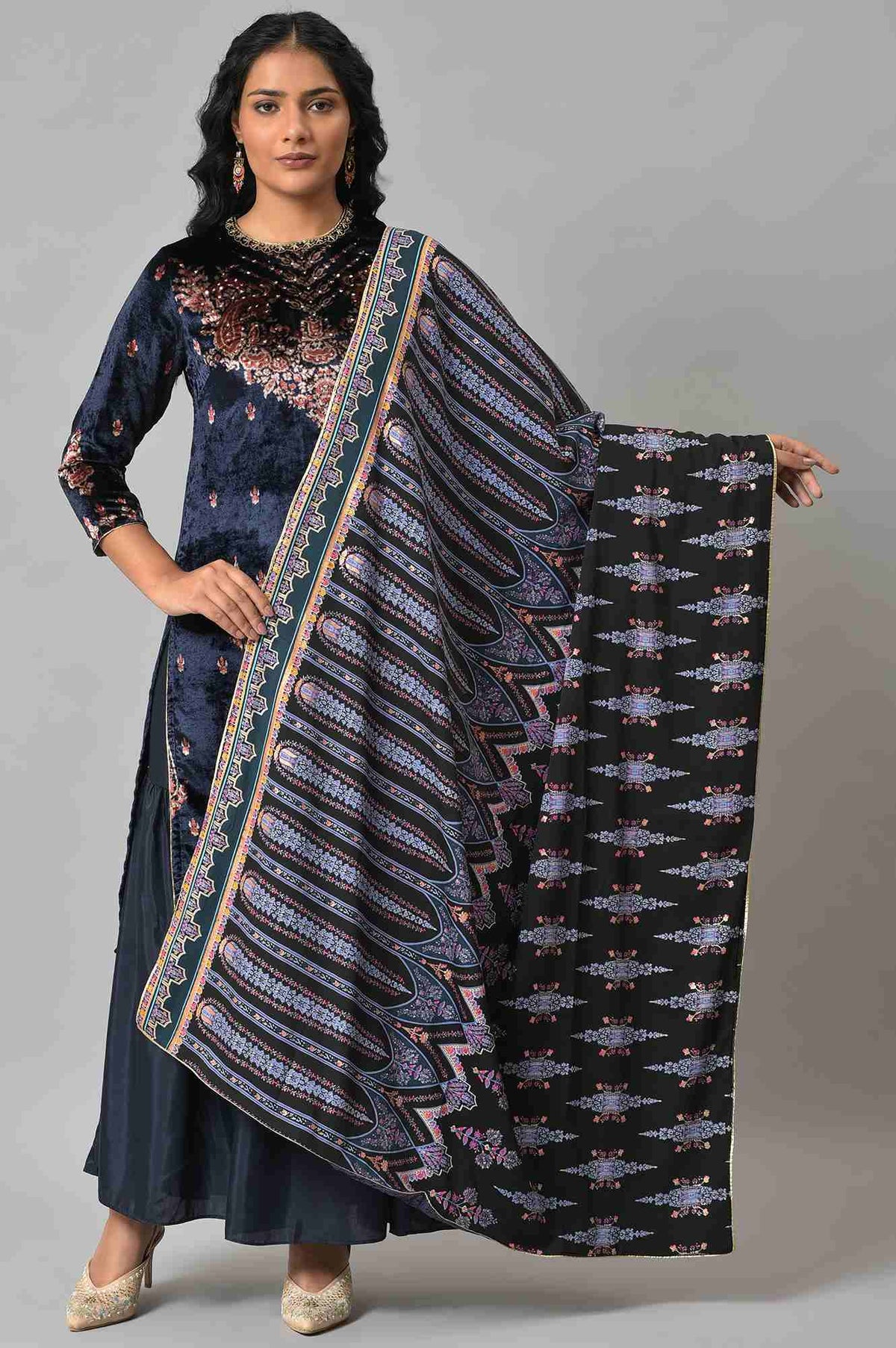 Blue Jacquard Floral Print Shawl - FS