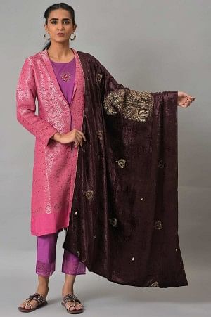 Wine Velvet Embroidered Doshala Shawl - FS