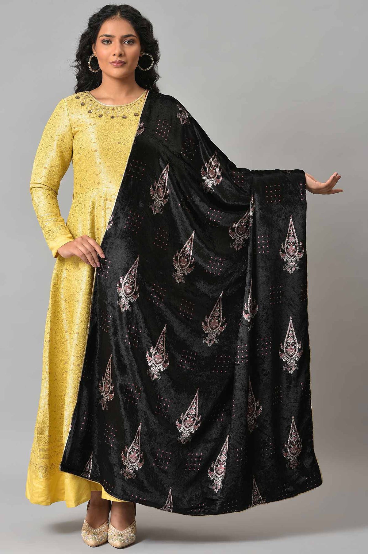 Black Printed Velvet Festive Shawl - FS