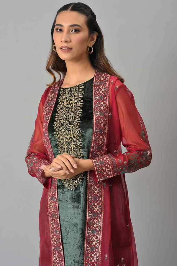 Red Organza Jacket With Green Mettalic Embroidered kurta And Pants
