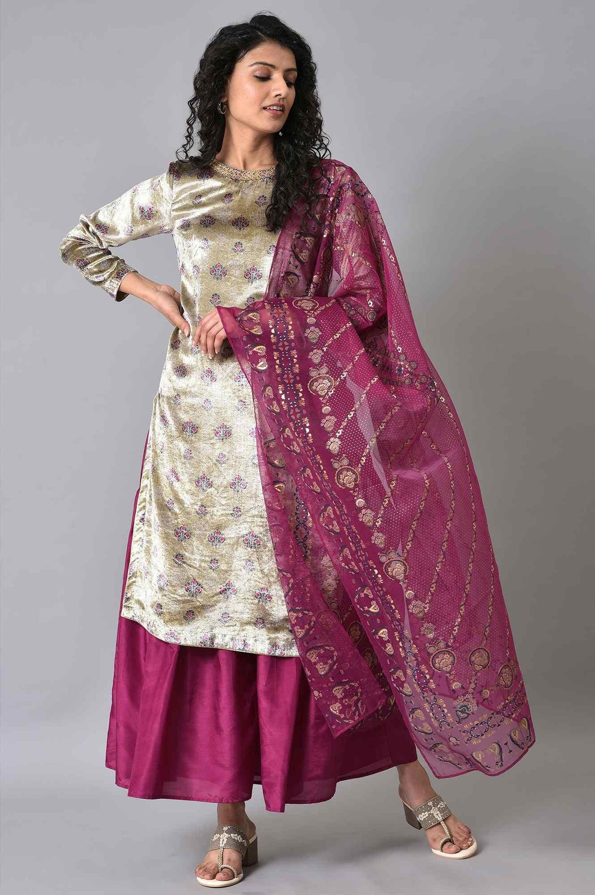 Grey Velvet Short kurta Sharara Set - XS