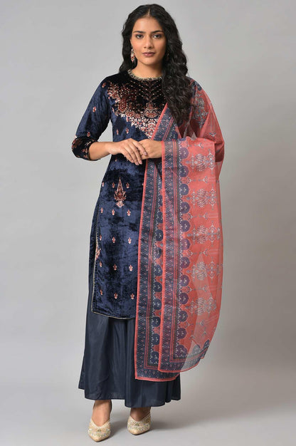 Dark Blue Festive Velvet kurta With Shantung Sharara And Coral Dupatta - wforwoman