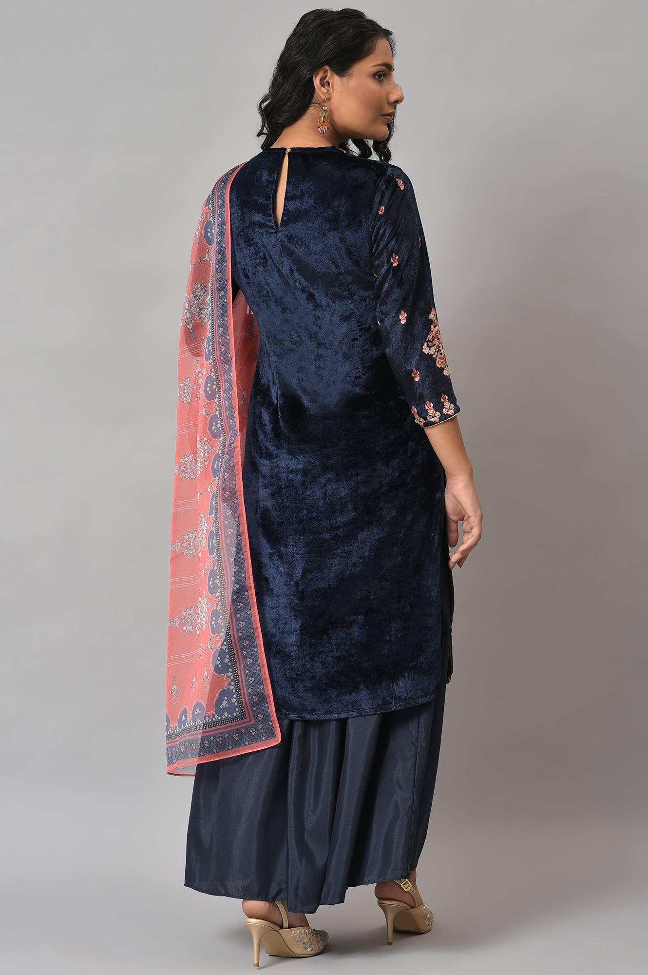 Dark Blue Festive Velvet kurta With Shantung Sharara And Coral Dupatta - wforwoman