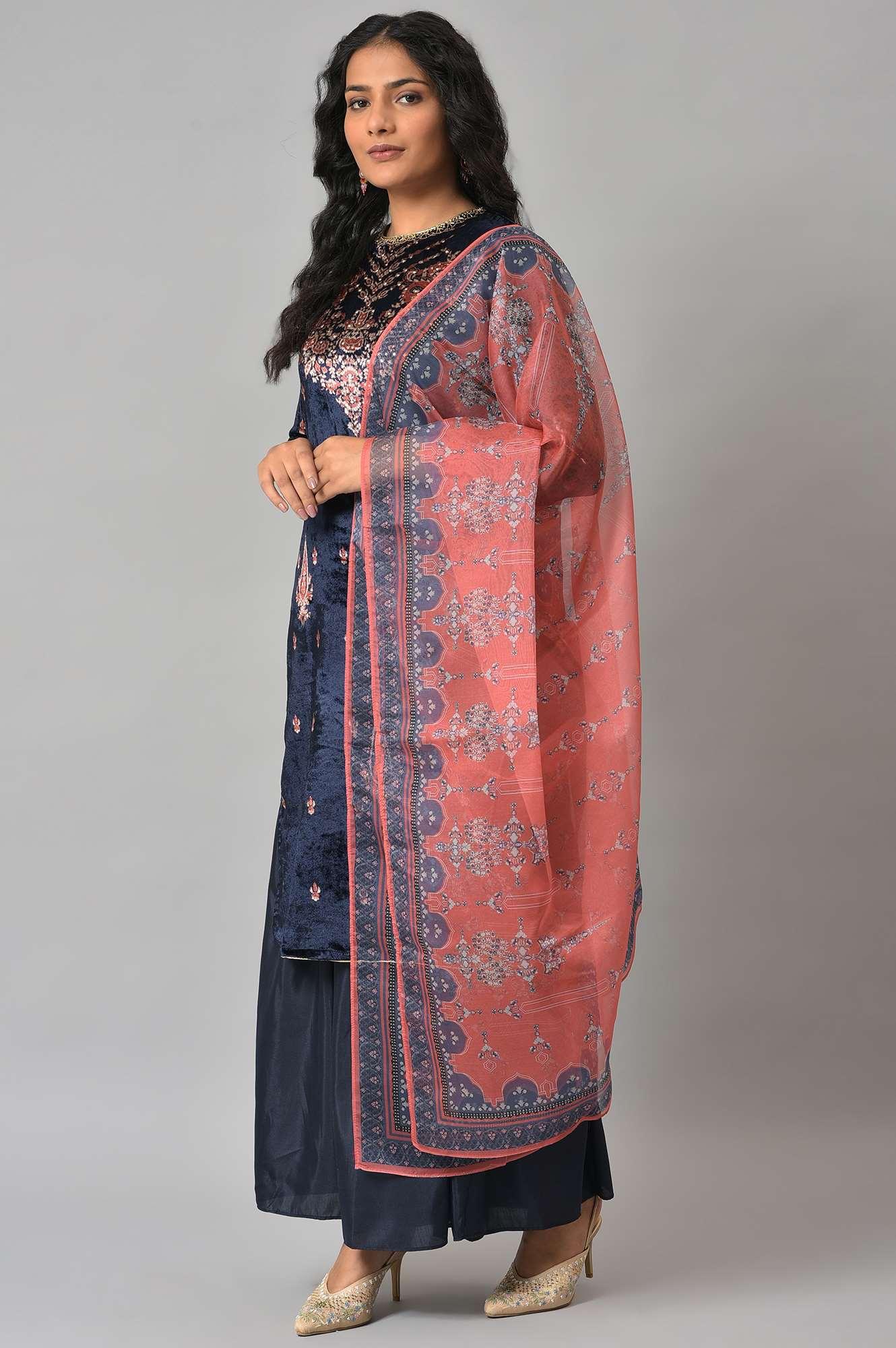 Dark Blue Festive Velvet kurta With Shantung Sharara And Coral Dupatta - wforwoman