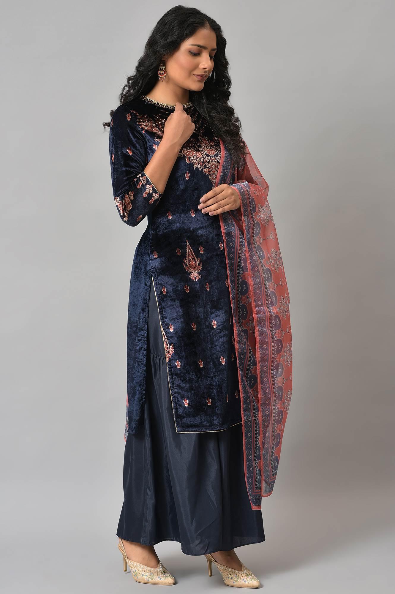 Dark Blue Festive Velvet kurta With Shantung Sharara And Coral Dupatta - wforwoman