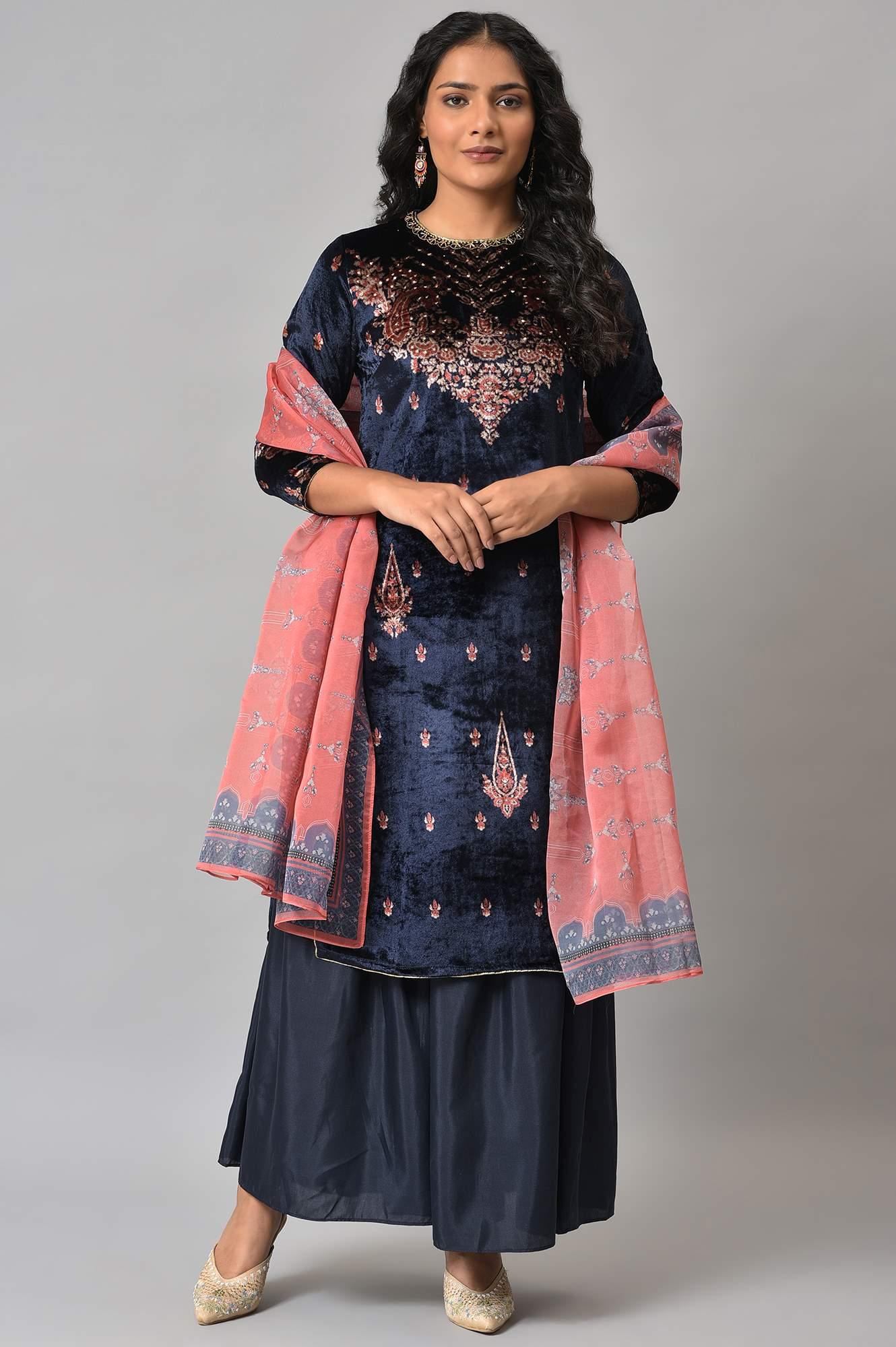 Dark Blue Festive Velvet kurta With Shantung Sharara And Coral Dupatta - wforwoman
