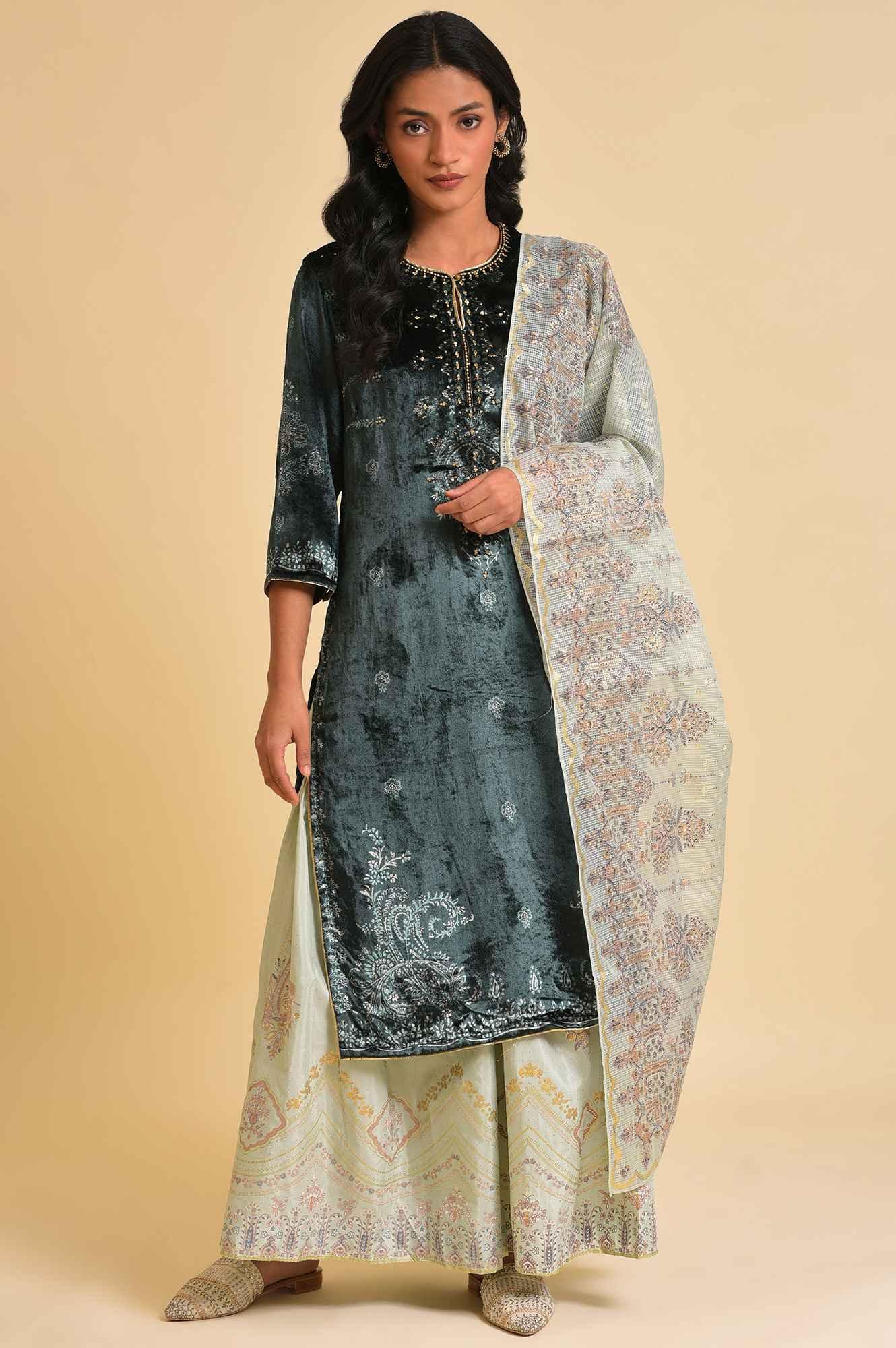 Dark Green Embellished Velvet kurta, Sharara And Dupatta Set - wforwoman