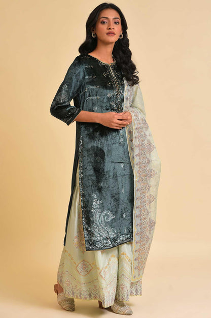Dark Green Embellished Velvet kurta, Sharara And Dupatta Set - wforwoman